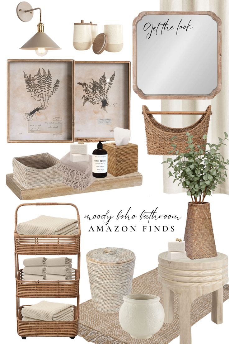 Moody dark boho chic home decor from Amazon Moody Boho Bathroom, Home Decor Boards, Boho Chic Bathroom Decor, Amazon Bathroom Decor, Boho Chic Bathroom, Boho House Decor, Moody Boho, Neutral Bathroom Decor, Chic Bathroom Decor