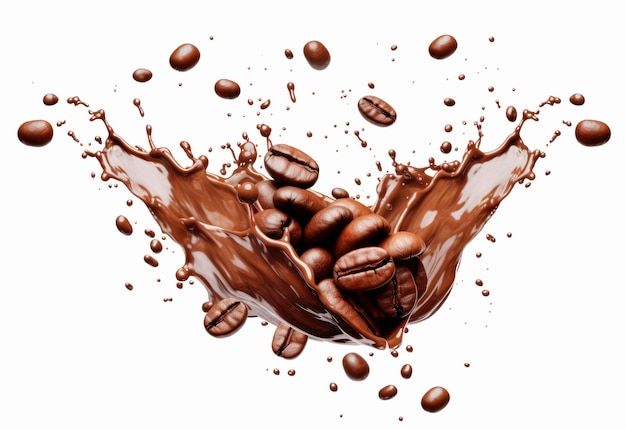 coffee splashing into the air with chocolate beans in it's foreground, on a white background