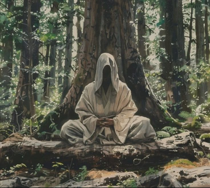 a painting of a person sitting in the middle of a forest