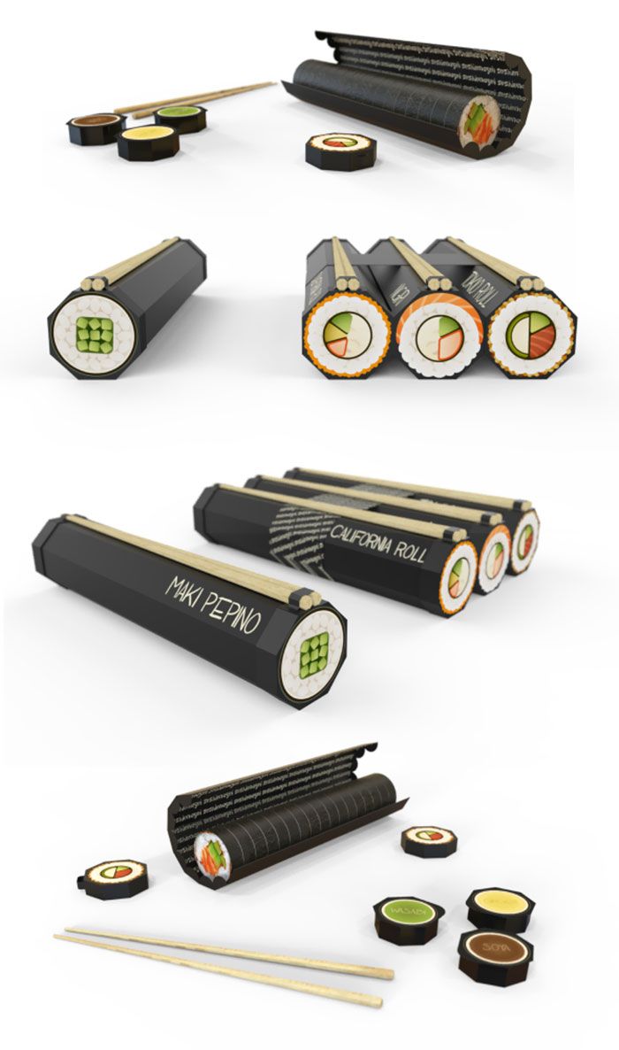 sushi rolls with chopsticks and sauces on them are shown in different positions