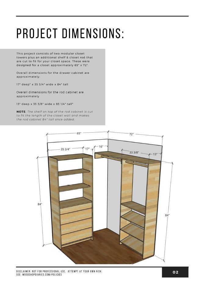 the plans for a closet with shelves and drawers are shown in this manual, which shows how