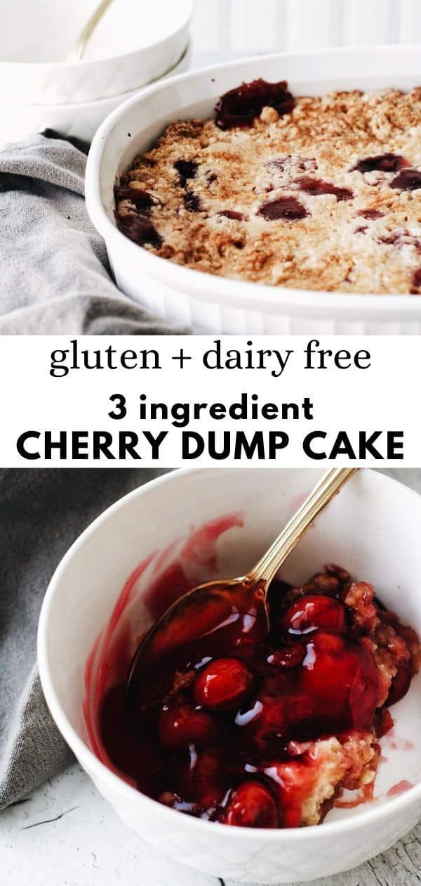 two pictures showing different types of desserts in white bowls and one with cherry compote