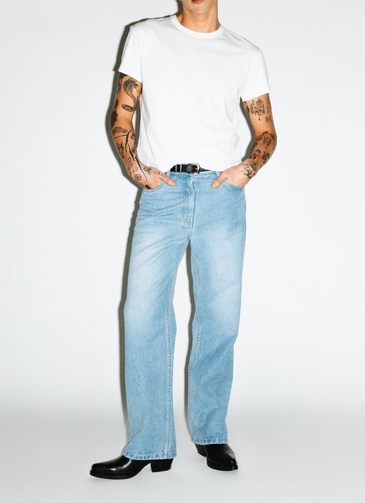 A classic pair of straight-leg jeans inspired by the off-duty uniform of 90's runway models. Designed to pinch just above the hips, the high-rise and roomy straight-leg elongates the leg for a rugged, boyish cut. Constructed in a rigid, non-stretch denim, these go-to jeans only gets better with age. 90s Runway, 2024 Style, The Editor, Stitching Leather, Runway Models, Classic Man, High Waisted Denim, Off Duty, Rodeo