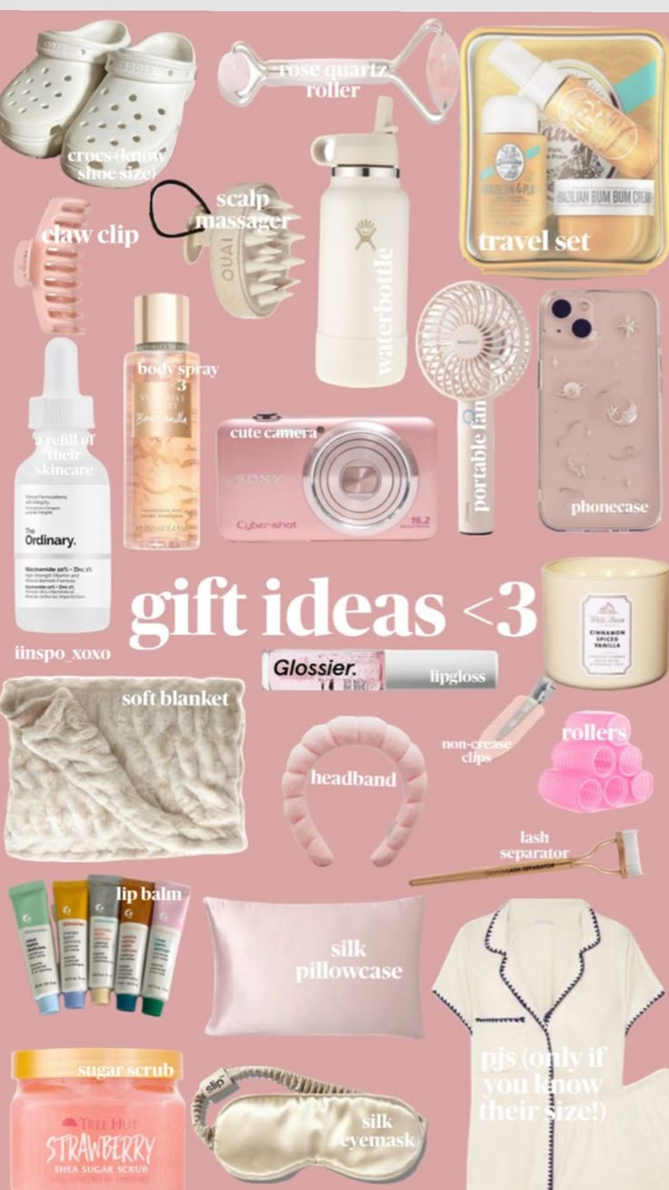 a pink poster with various items on it