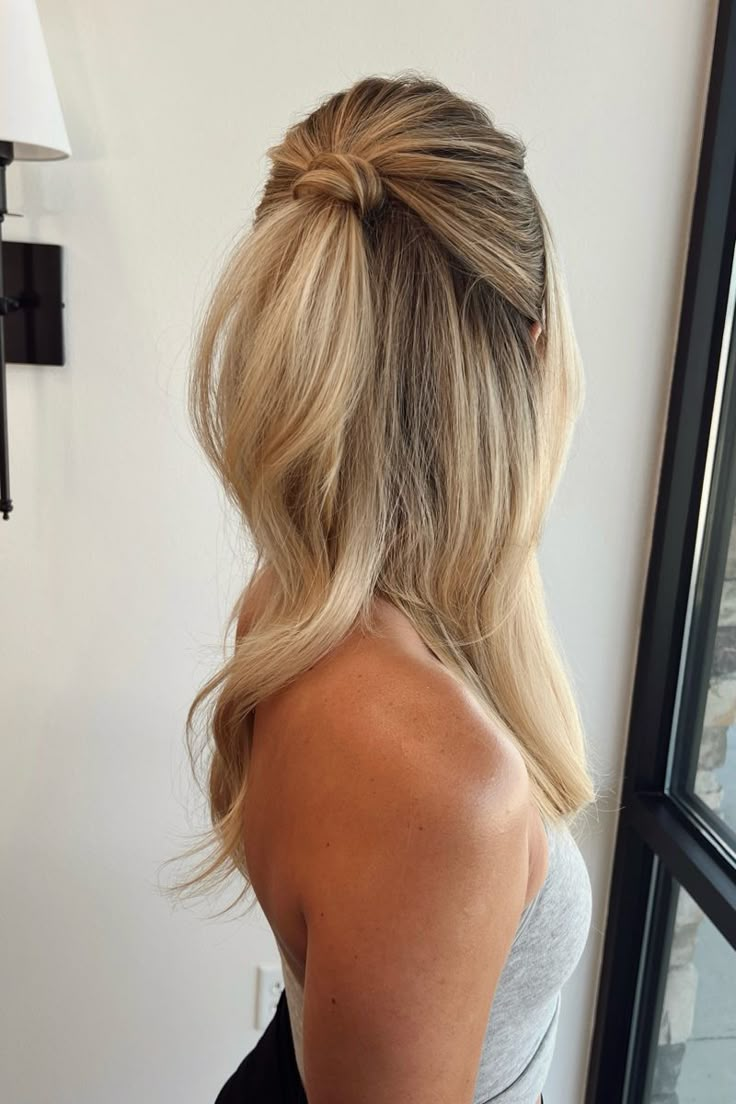 Rehearsal Dinner Hair Half Up Half Down, Bridesmaid Hairstyles Half Pony, Bridesmaid Hair Half Up Straight, Half Up Ponytail Bridesmaid, Medium Hair Bridesmaid Hairstyles Half Up, Bridesmaid Half Ponytail, Half Pony Bridesmaid Hair, Brids Mades Hair Styles Ponytail, Half Up High Pony Wedding Hair