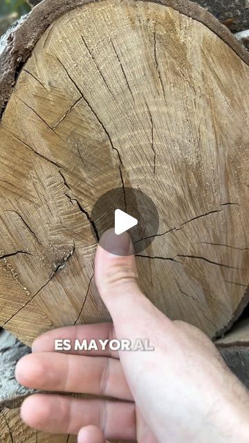 someone is pointing at a piece of wood that has been cut in half with their finger