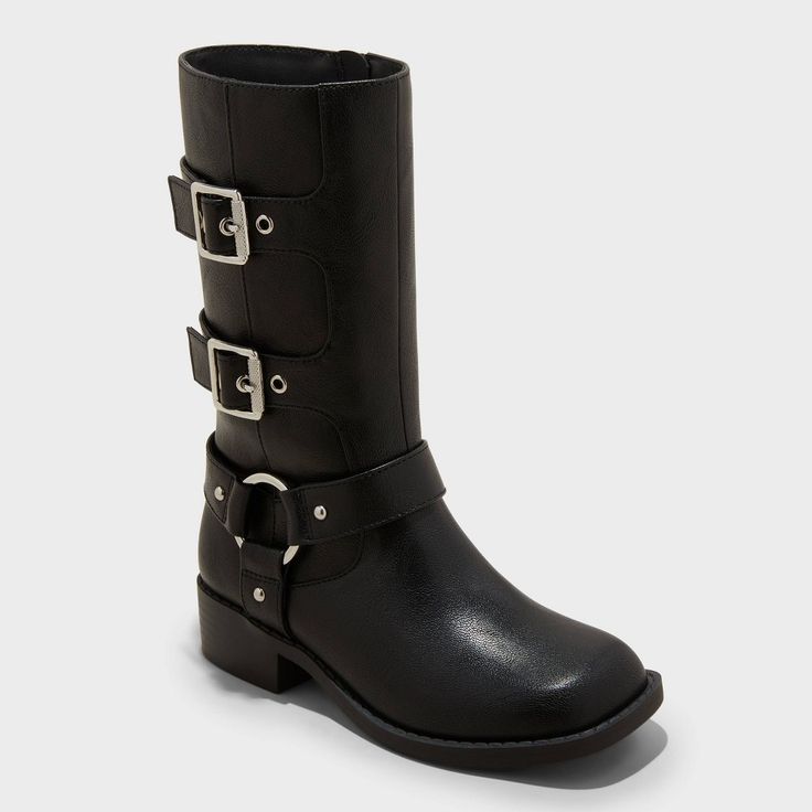 Your child will be ready take on cooler-weather days in style with these Dee Tall Buckle Boots from art class™. Made from faux leather, these black boots are elevated by a harness strap accented with a silver-tone ring along with matching buckles and grommets running down the side. Set on a 1.25-inch block heel with a textured TPR outsole, these mid-calf boots are finished with a side zipper fastening for a snug, secure fit. art class™: One-of-a-kind looks for the one and only you. Casual Moto Boots With Buckle Closure In Faux Leather, Casual Faux Leather Moto Boots With Buckle Closure, Construction For Kids, Faux Leather Boots, Rubber Boot, Weather Day, Black 13, Textured Dress, Buckle Boots