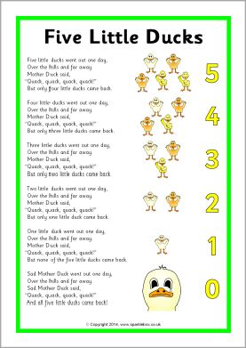 the five little ducks poem is shown in green and white with yellow numbers on it