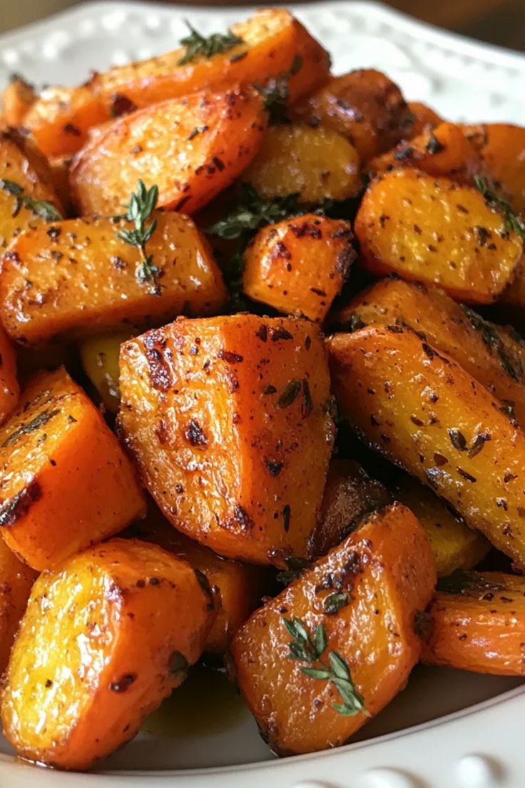 Honey thyme roasted carrots on a plate, showcasing a delicious side dish perfect for any meal. This image highlights the vibrant color and tasty appeal of carefully roasted carrots. Carrots And Beets Recipe, Roasted Carrots And Onions Oven, Spiced Carrots Recipe, Roasted Honey Carrots Oven, Roasted Carrots And Butternut Squash, Roasted Veggie Marinade, Roast Vegetable Recipes, Carrots Roasted In Oven, Soft Roasted Carrots