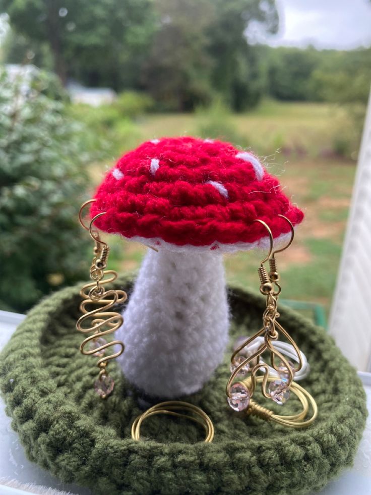 Handmade crochet mushroom earring ring holder