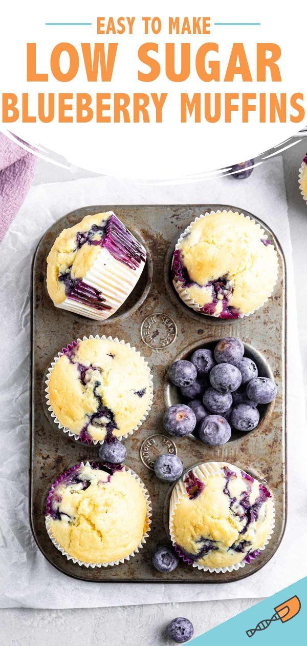 blueberry muffins in a muffin tin with the title overlay reading easy to make low sugar blueberry muffins