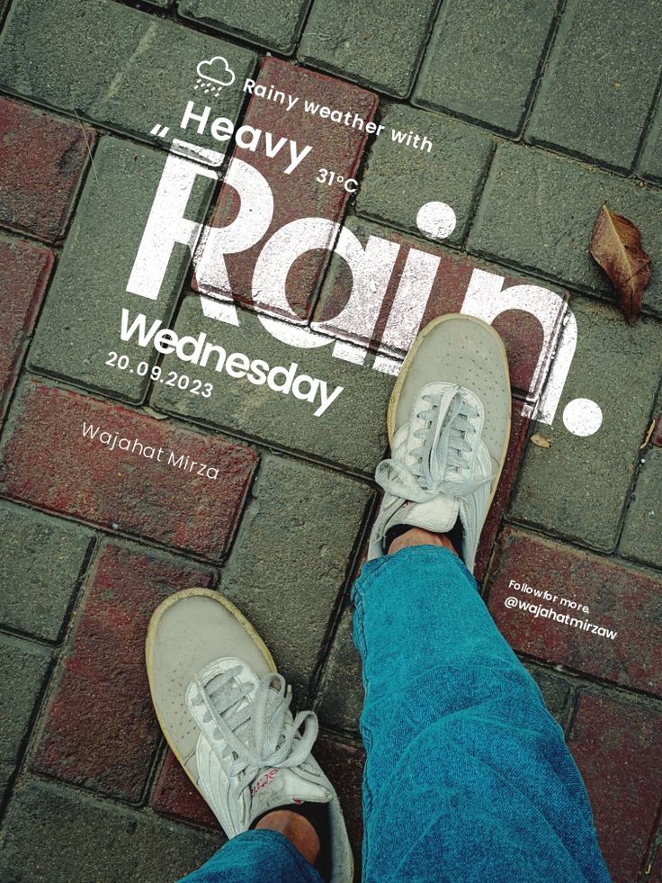 a person standing on top of a brick sidewalk next to a sign that says rain