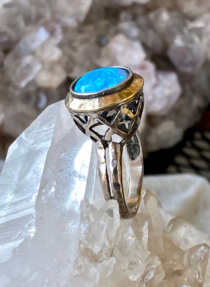 Beautiful Sterling Silver 14kt Gold Blue Opal Vintage Ring Ring size 9 1/4 Blue Cabochon Sapphire Ring In 14k Gold, Elegant Blue Gemstone Dome Ring, Oval Blue Opal Ring In 14k Gold, Blue 14k Gold Oval Cabochon Rings, 14k Gold Blue Oval Cabochon Rings, Fine Jewelry Blue Cabochon Sapphire Ring, Blue Turquoise Oval Cabochon Ring In 14k Gold, Blue Turquoise 14k Gold Oval Cabochon Ring, Blue Oval Cabochon Turquoise Ring In 14k Gold