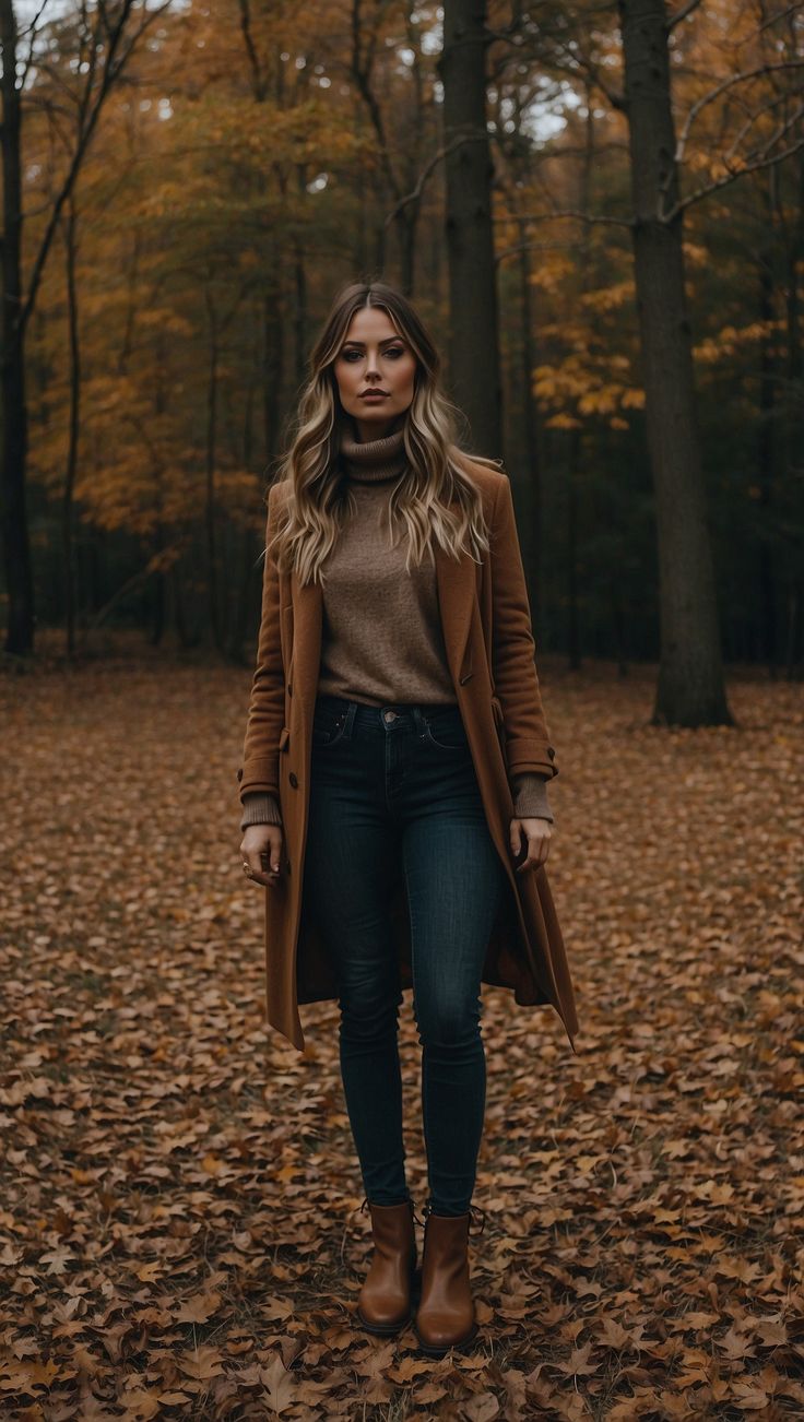 Woman wearing a stylish fall outfit with a camel coat, turtleneck sweater, dark jeans, and brown boots in a forest with autumn leaves. Classy Women Winter Outfit, Cute Autumn Winter Outfits, Pedicure Outfit Fall, Shop Fall Outfits, Different Looks For Women, Rain Boot Outfit Fall, Classy Outfits For Women Fall, Fall Outfits With Tall Brown Boots, Cute Fall Office Outfits