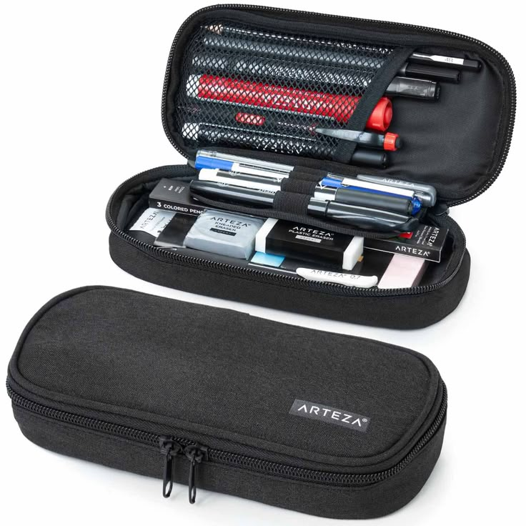 Store, secure, and easily travel with all of your favorite writing instruments and tools when you upgrade to this well-crafted Black Pencil Case! Back To School Pencil-shaped Organizer With Zipper, Functional Black Organizer With Zipper Pouch, Functional Organizers With Pen Holders For Personal Use, Functional Travel Organizers With Pen Holders, Functional Travel Organizer With Pen Holders, Black Portable Pencil-shaped Pencil Case, Black Rectangular Pencil Case With Pen Holders, Functional Pencil Case With Pen Holders For Organization, Black Pencil Case For School