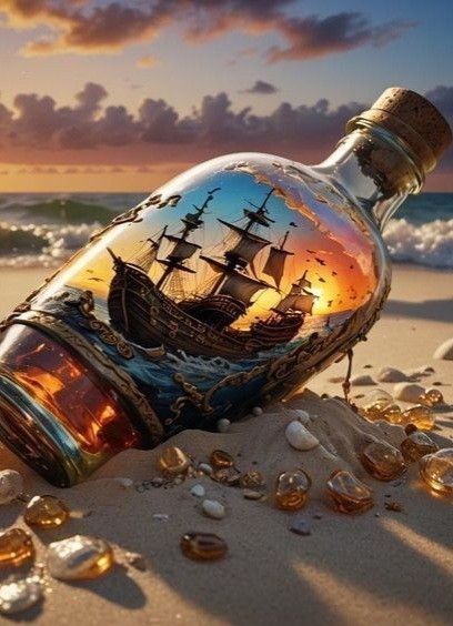 a ship in a bottle sitting on the beach