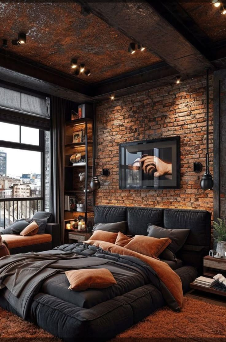 a bedroom with brick walls and lots of pillows on the bed in front of a large window