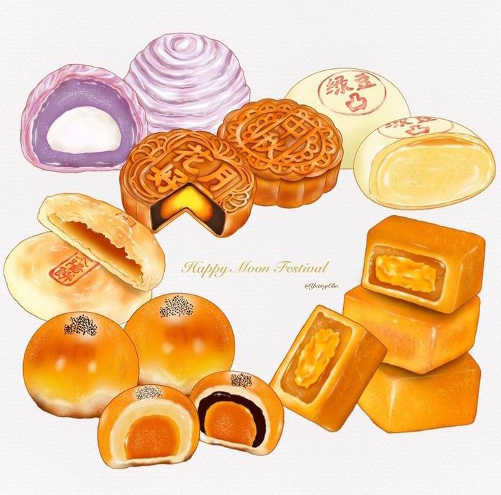 there are many different types of pastries in this drawing, but one is orange