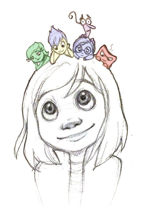 a drawing of a girl with five little monsters on her head, and one is smiling at the camera