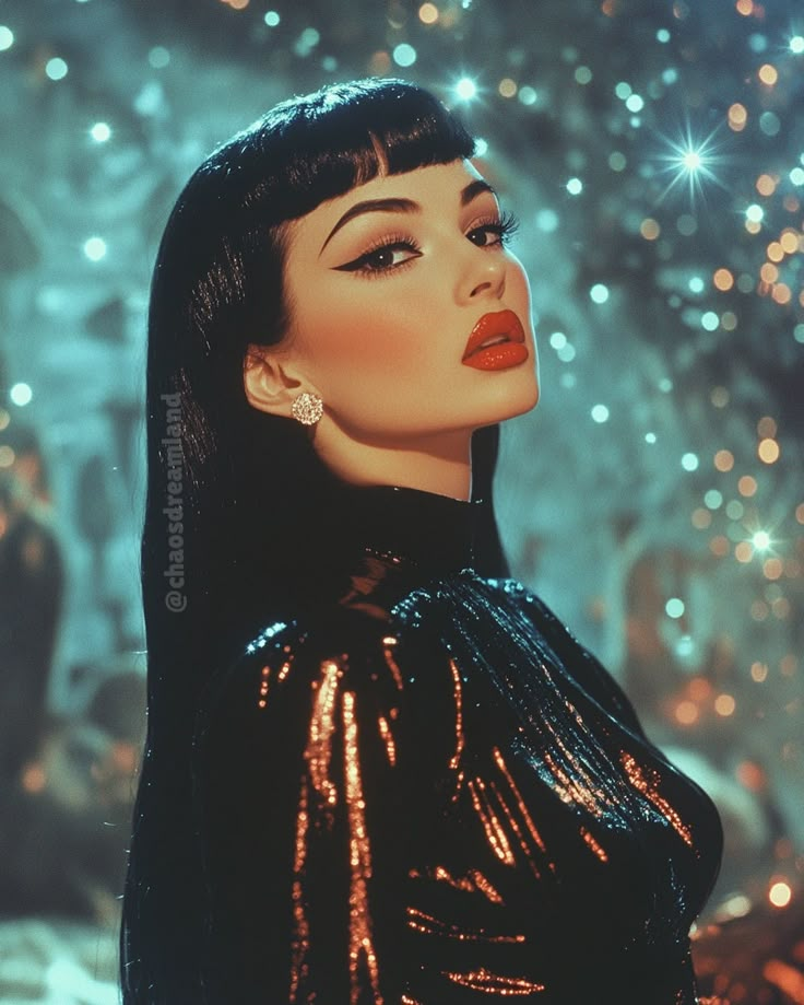 a woman with long black hair and red lipstick in front of a christmas tree at night