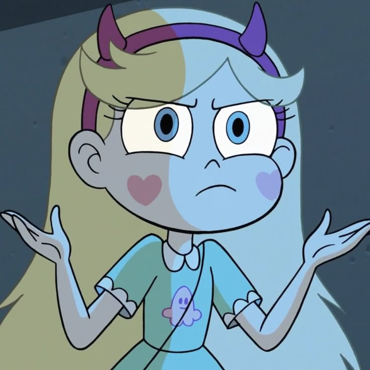 a cartoon girl with horns and eyes holding her hands out in front of her face