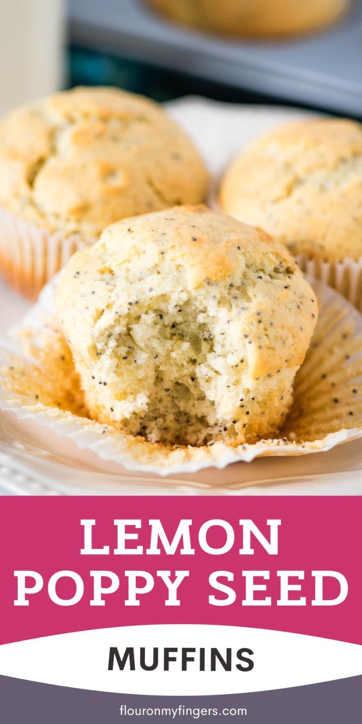 lemon poppy seed muffin with a bite taken out and the wrapper peeled off on a small white saucer next to a large glass of cold milk Lemon Poppyseed Muffins Easy, Lemon Poppy Muffins, Poppy Seed Muffins Recipe, Poppy Seed Muffin Recipe, Breakfast Muffins Healthy, Lemon Poppy Seed Muffins Recipe, Muffins From Scratch, Poppyseed Muffins, Lemon Poppy Seed Muffins