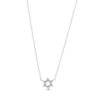 This Diamond Star Of David Pendant is 16 inches long and features diamonds totaling approximately 0.06 carats. Fine Jewelry White Gold Necklace With Star Charm, White Gold Star Necklace Fine Jewelry, Silver Star-shaped Diamond Necklace, Luxury Star-shaped Diamond Necklace, Diamond Star Charm Pendant Necklace, Luxury Star Of David Necklace With Diamond Accents, Luxury Diamond Necklace In Star Of David Shape, Sterling Silver Star Necklace With Diamond Accents, Fine Jewelry Cubic Zirconia Star Necklace