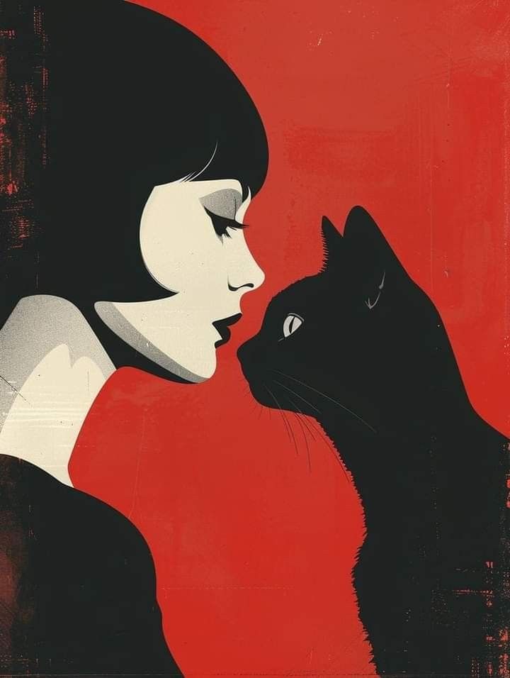 Vector Posters Design, Cat Art Minimalist, Cat And Woman Art, Trafard Print Ideas, Cat Drawing On Canvas, Poster Color Illustration, Woman With Cat Painting, Art Deco Style Poster, Black Cat Looking Up