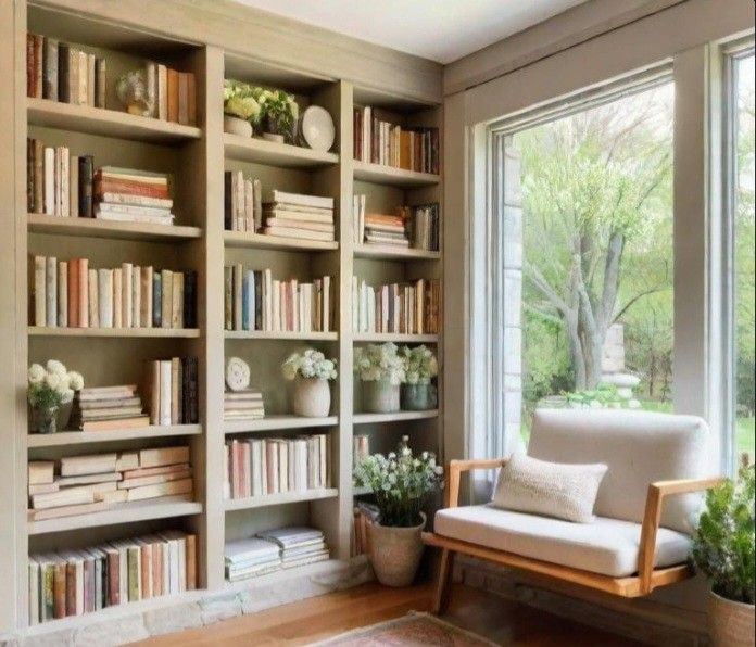 a living room filled with lots of bookshelves next to a window and potted plants