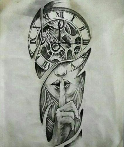 a drawing of a woman holding her hand up to her face with a clock on it