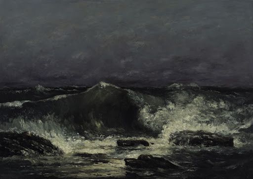 a painting of waves crashing on rocks in the ocean with green sky and dark clouds