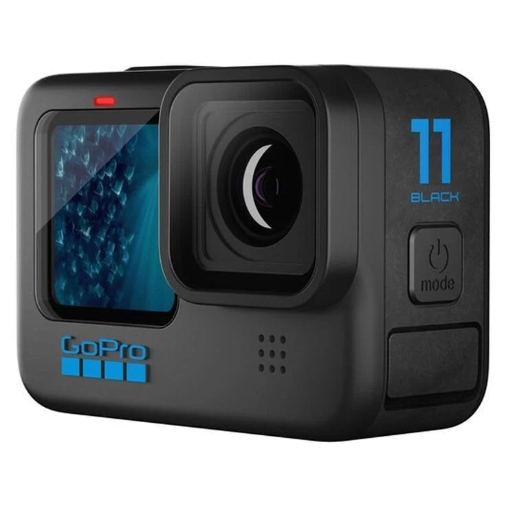 the gopro hero action camera is shown with its front and back cameras on display