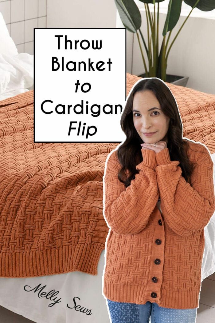 a woman standing in front of a bed with the words throw blanket to cardigan flip