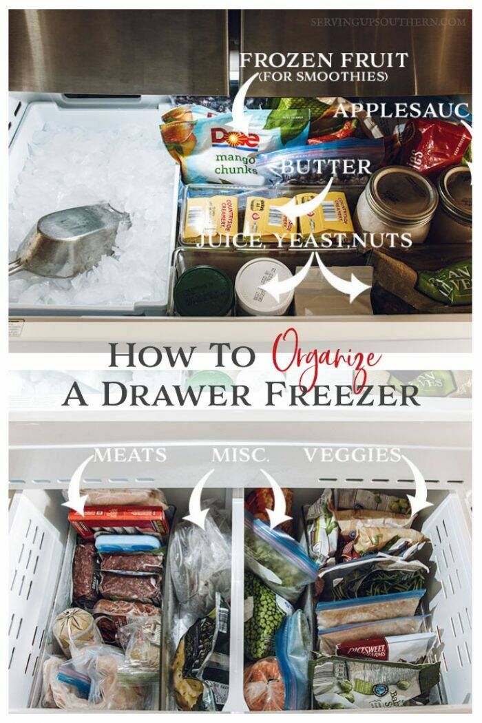 an open refrigerator filled with food and labeled how to organize the freezer for meals