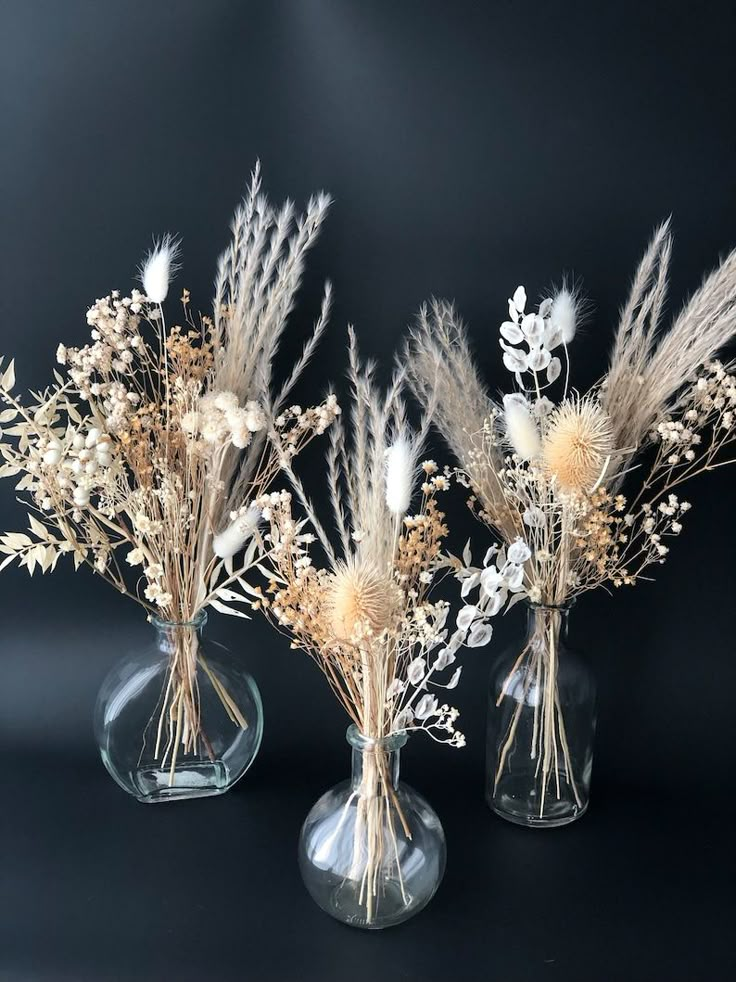 three clear vases with dried flowers in them on a black background, one is empty