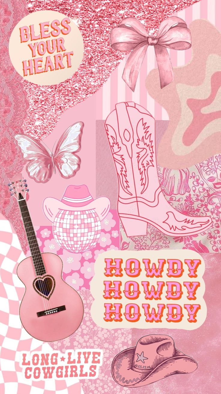 a collage of pink and white images with cowboy boots, hats, and butterflies