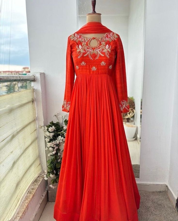 Anarkali suit usa /orange  red anarkali kurta full sleeve  / Indian dress with ful sleeve /hand embroidered anarkali/Indian dresses / orange / red zardosi designer anarkali         Looking for a perfect indian dress/anarkali/suit sets that are trendy, unique and easy to carry !! yess, You are at the right place. we carry such versatile pieces of anarkalis and suit sets, kurtas that really let you stand out in any occassion !!      featuring this beautiful chinnon anarkali in beautiful shade of orang that has heavy gear and the zardosi hand  embroidery for the body and sleeves as shown with full sleeve , comes with matching soft net dupatta  !! A very classy, beautiful yet unique look makes your occasion so Perfect !! Ready to ship in USA !!  Details :  - color :  orange ( can be customized Red Anarkali Gown With Pallu, Red Anarkali Gown With Sheer Dupatta, Long Sleeve Anarkali Set With Dupatta For Festivals, Long Sleeve Bollywood Dress With Dabka Work, Bollywood Long-sleeved Dresses With Dabka Work, Bollywood Long Sleeve Dresses With Dabka Work, Eid Gown With Sheer Dupatta And Long Sleeves, Long Sleeve Gown With Sheer Dupatta For Eid, Orange Georgette Anarkali Set