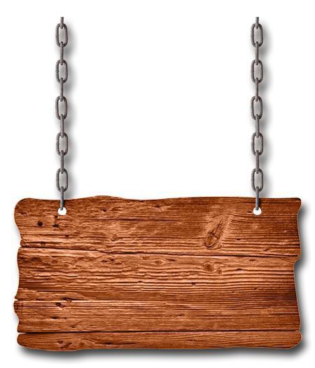 an old wooden sign hanging from a chain on a white background with room for text