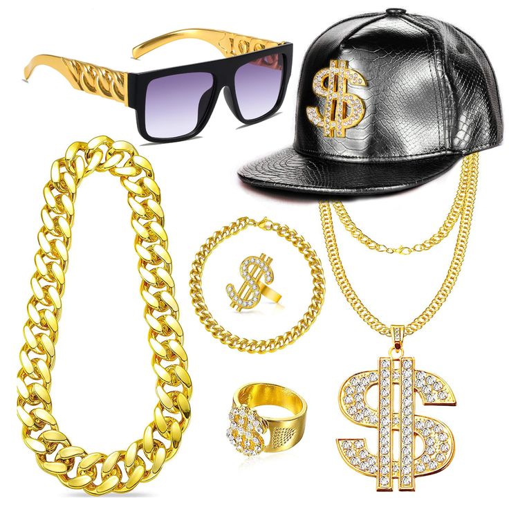 PRICES MAY VARY. 😎【HIP HOP COSTUME】: This hip hop accessories includes 1 pcs rapper sunglasses, 1 pcs big chunky gold necklace and 1 pcs rope chain bracelet, 1 pcs black dollar sign hat, 1 pcs big dollar pendant necklace and 2pcs dollar sign rings in different styles. Funny rapper costume set for your 80s/ 90s dress up, you'll be eye-catching one in 80s/ 90s theme parties 😊【Golden Dollar Sign Necklace/ Ring/ Hat】: Cool shiny golden hat in the costumes outfit set have a dollar symbol on them, a Rappers Chains, 90s Hip Hop Costume, Rapper Sunglasses, 90s Dress Up, Rapper Costume, Dollar Symbol, Chunky Gold Necklace, Hip Hop Accessories, Guys Trip