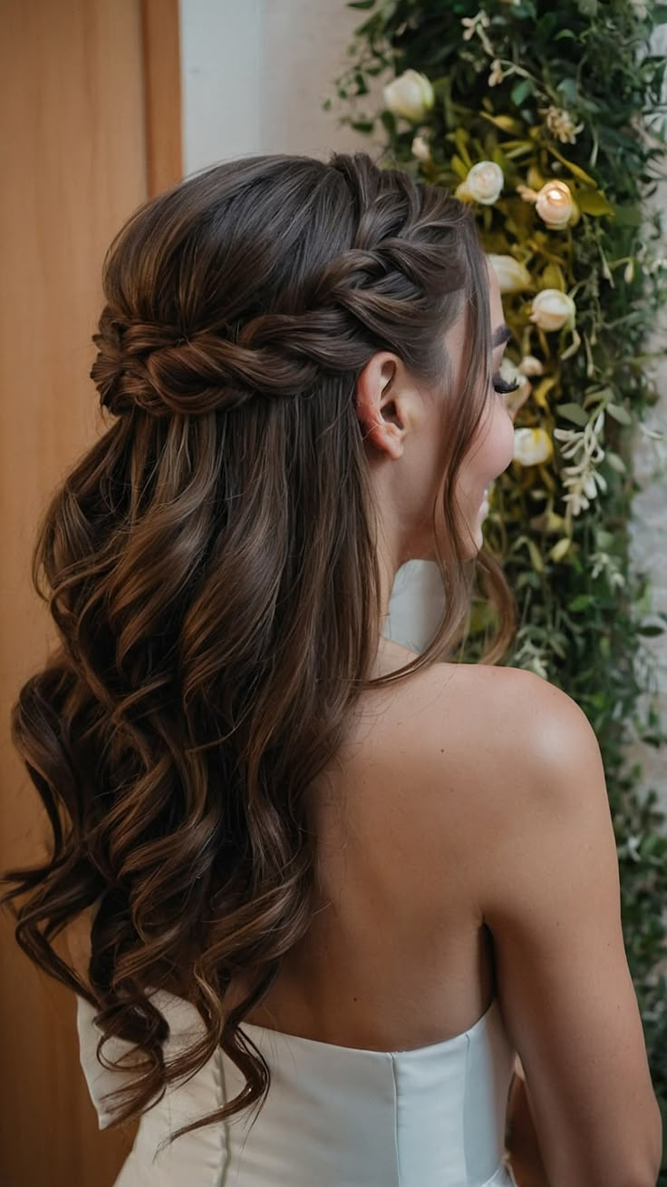 a woman with long hair wearing a wedding dress and braided in half - up