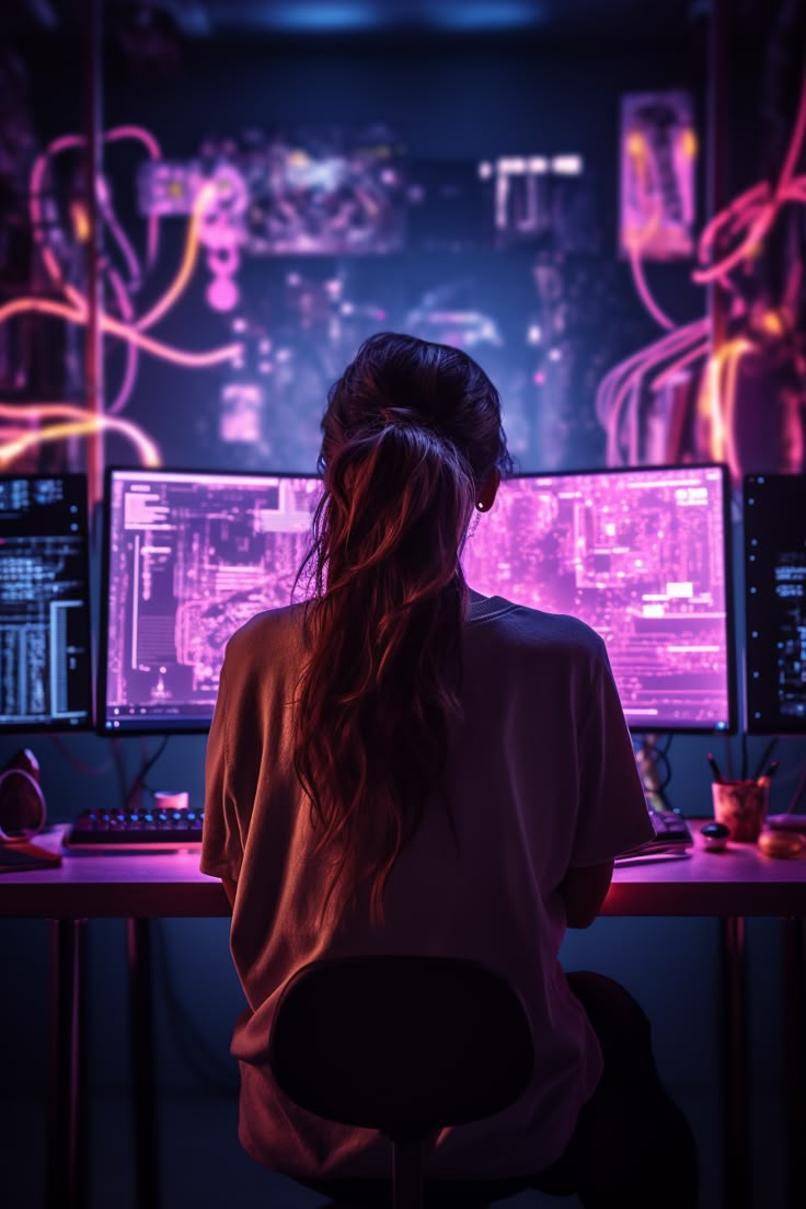 a woman sitting at a desk in front of two computer monitors with neon lights behind her