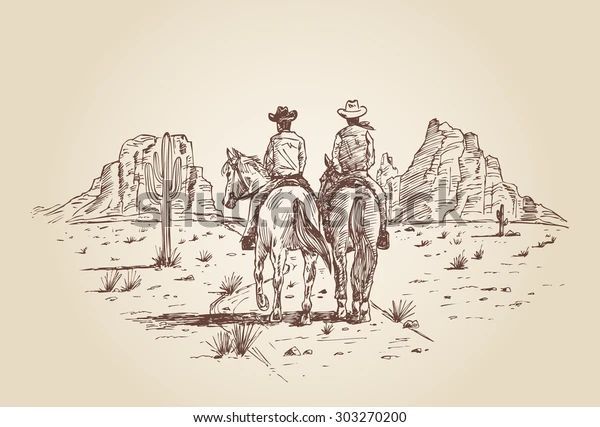 two cowboys riding horses in the desert, hand drawn illustration on beige background - stock photo