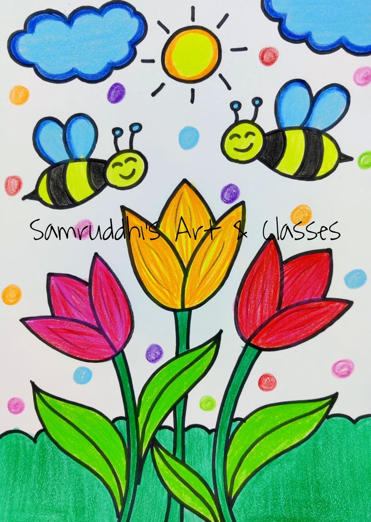 a drawing of three bees flying over flowers