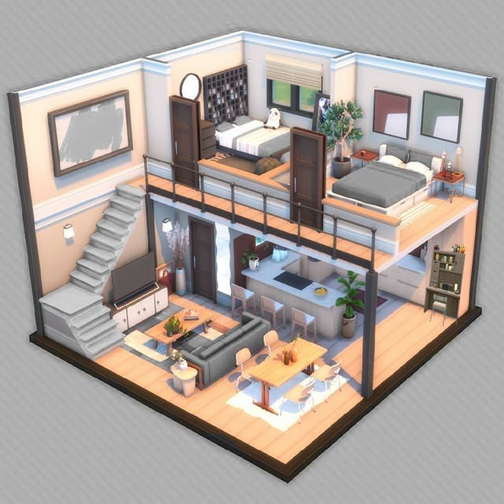 Two Story House Interior, Tiny Two Story House, Sims 4 Tiny House Ideas, Sims 4 Tiny House, Two Story Tiny House, Steampunk Interior, Timber Frame Joinery, Baby Elephant Nursery, Famous Twins