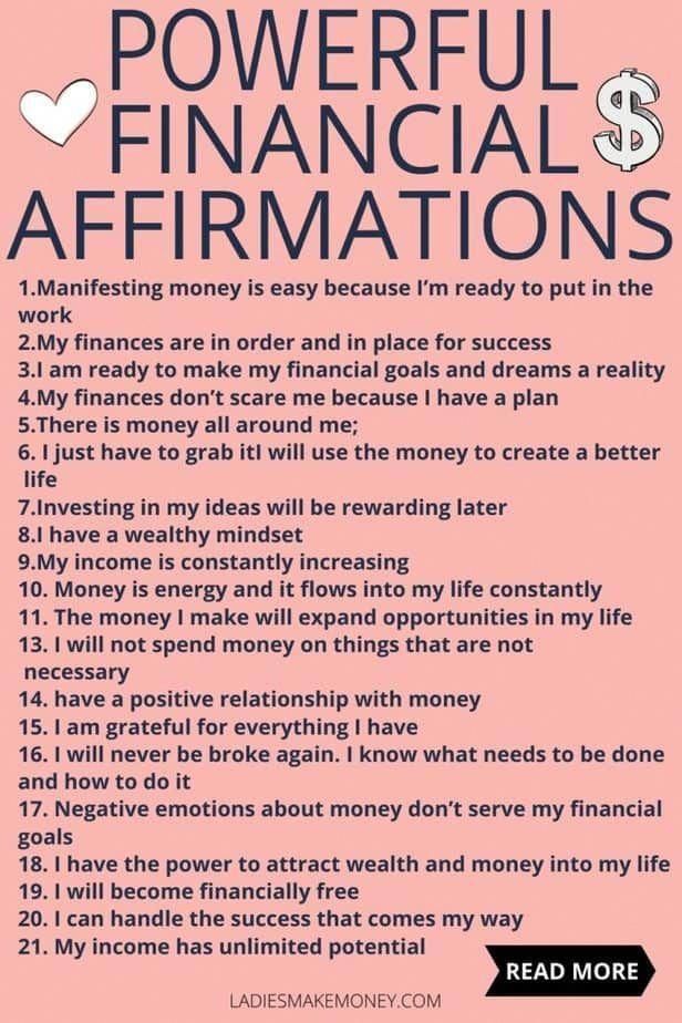 a pink poster with the words powerful financial affirmations on it and an image of