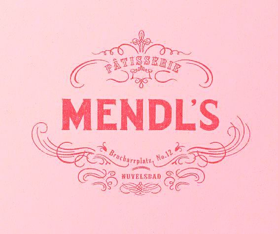 a pink poster with the words mendl's written in red and white on it