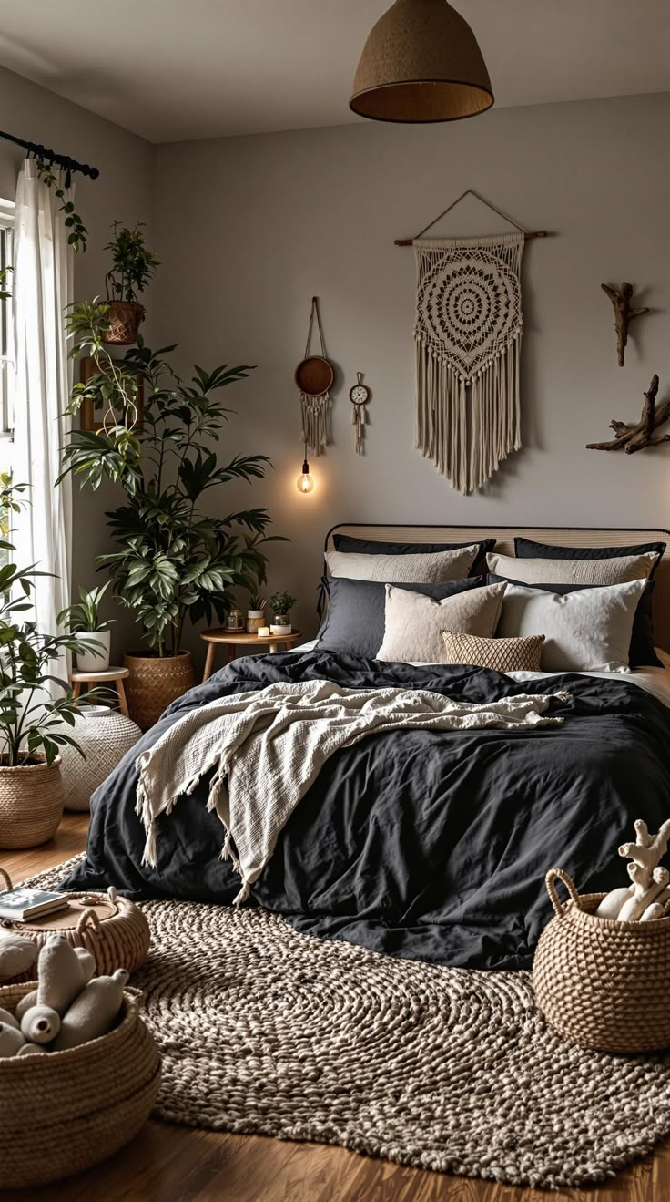 Black Boho Bedroom Ideas Boho Black Bedframe, Black Boho Interior Design, Brown Black Gold Bedroom, Earth Tone Bedroom With Black, Black Boho Bedding Sets, Boho Grey Walls, Black Bedroom White Walls, Industrial Boho Bedroom Inspiration, Black Linen Bedding Styling