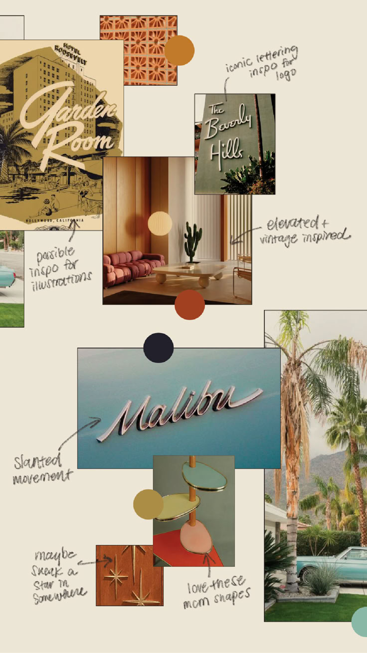 a collage of photos with the names of hotels and other places in them, including palm trees