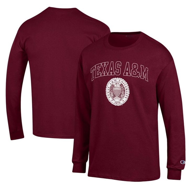 Represent your beloved Texas A&M Aggies with the Champion Maroon Texas A&M Aggies 12th Man Long Sleeve T-Shirt. This officially licensed shirt proudly displays the Aggies logo, showcasing your unwavering support for the team. Its comfortable cotton jersey material and slightly dropped shoulders provide a relaxed fit, perfect for cheering on the Aggies from the stands or wherever you go. Texas A M University, Men's Long Sleeve T-shirt, Texas A&m, 12th Man, The Team, Long Sleeve T Shirt, Return Policy, Long Sleeve Tshirt, Texas