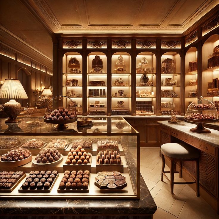 Chocolate Store Design Interiors, Chocolate Store Design, Old School Candy, Candy Stores, Chocolate Store, Chocolate Stores, Bakery Design Interior, Gold Chocolate, Archi Design